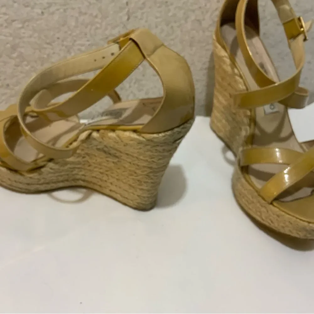 JIMMY CHOO PORTO CRISSCROSS ESPADRILLE WEDGE SANDALS NUDE PATENT LEATHER SZ 39